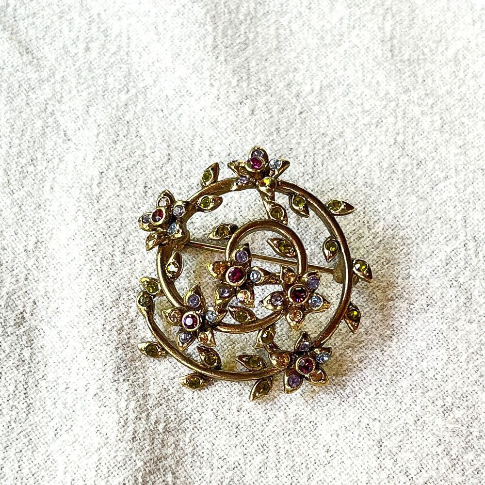 Vintage 1960s Monet Floral Wreath Brooch Gold Tone Purple Green Rhinestone Pin - Picture 1 of 7